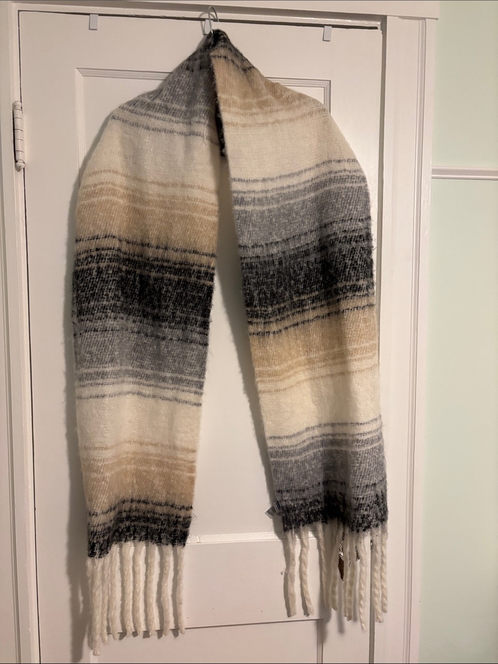 Old Navy Neutral Striped Fringe Throw in Cream, Gray & Tan